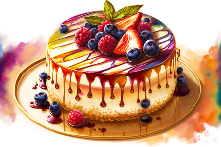 round large cheesecake drizzled with glossy fruit glazeの写真素材