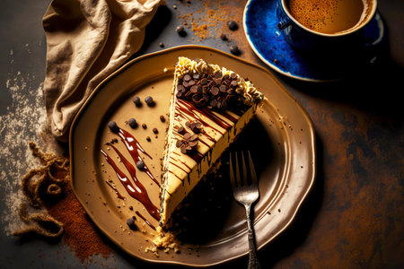 delicious dessert with cup of coffee in form of homemade cheesecake