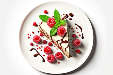 pieces of cheesecake with raspberries and sprigs of mint on white plate