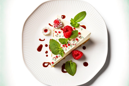 pieces of cheesecake with raspberries and sprigs of mint on white plateの写真素材