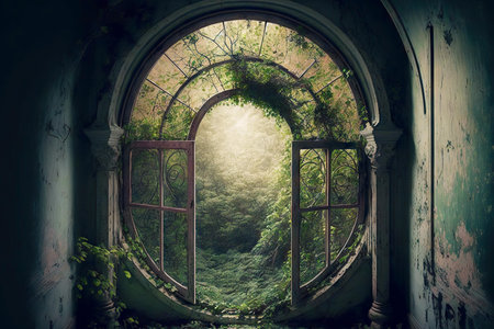 old arched window in abandoned house overgrown with trees and plantsの写真素材