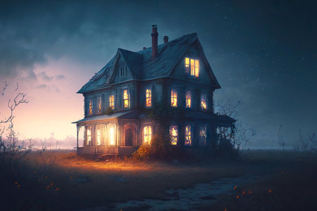 large illuminated building and lonely abandoned house outside cityの写真素材