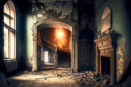 hall with destroyed fireplace in old rural abandoned houseの写真素材