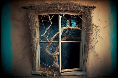 damaged window of old abandoned house with sprouted branches from treeの写真素材