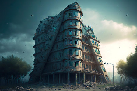 multi-storey abandoned house in ruined city after disasterの写真素材