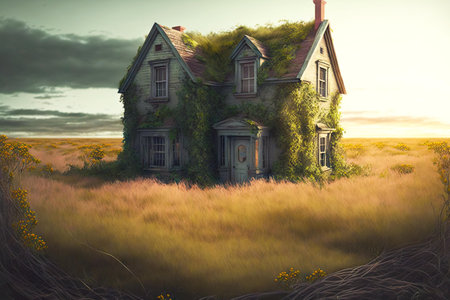 uninhabited abandoned house overgrown with shrubs and grass in middle of fieldの写真素材