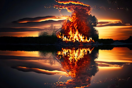 huge blaze fire flame on shore are reflected in waterの写真素材