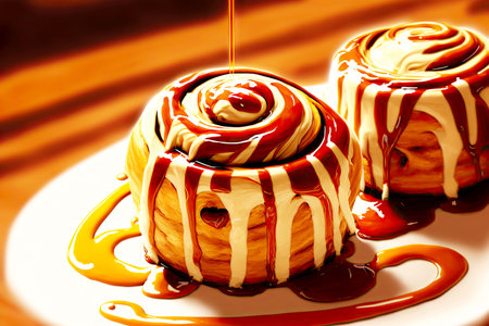 golden brown aetizing cinnamon buns drizzled with caramelの写真素材