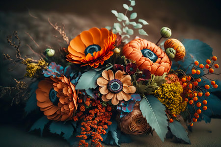 beaful multicolored bouquet with orange flowers and decorations for weddingの写真素材