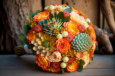 beaful multicolored bouquet with orange flowers and decorations for weddingの写真素材