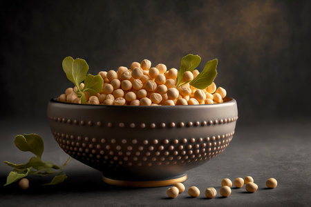 bowl of legumes in form of gently beige chickpeas seeds on dark tableの写真素材