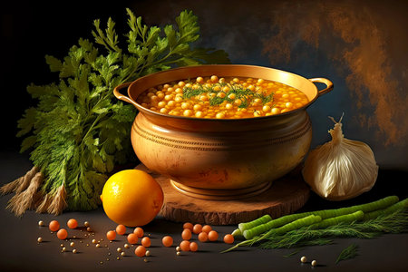 boiled golden chickpeas in addition to fresh vegetables and herbsの写真素材