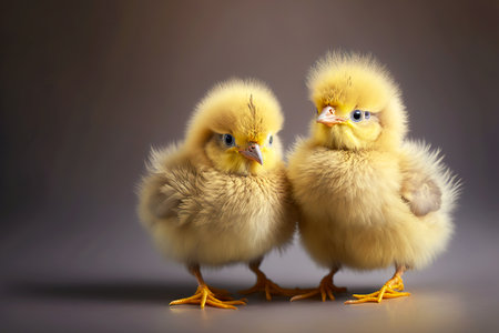 charming newborn fluffy chicks with thin legs on gray backgroundの写真素材