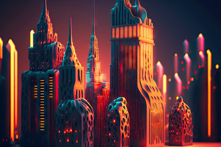 city in bright 3d render neon lights with tall houses and futuristic towers
