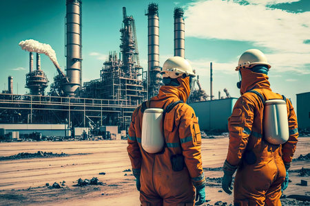 workers of energy industry in protective suits and helmets stand on territory of factoryの写真素材