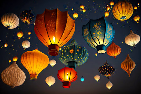 beaful festive floating asian lanterns soar high into sky