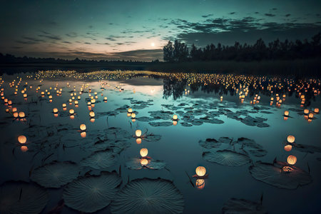 large lake with hundred floating asian lanterns on surfaceの写真素材