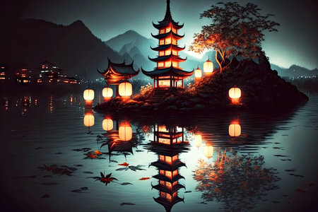 pagoda on shore of lake and floating asian lanterns reflected in itの写真素材