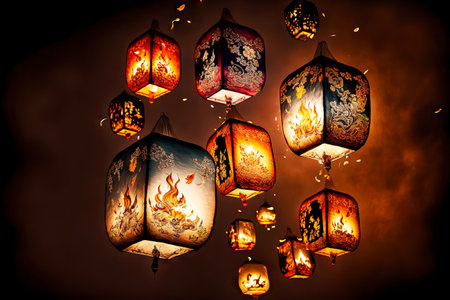 burning floating asian lanterns symbolizing religious holidayの写真素材