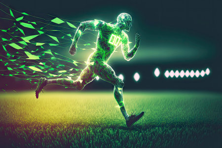 football player runs through green grass of field against backdrop of illuminated stands, generative aiの素材