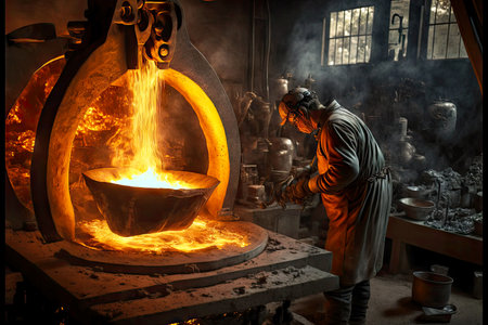 transfusion of molten metal into special forms in factory of foundry industry
