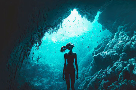 girl swims through underwater cave without scuba gear and is engaged in freedivingの写真素材