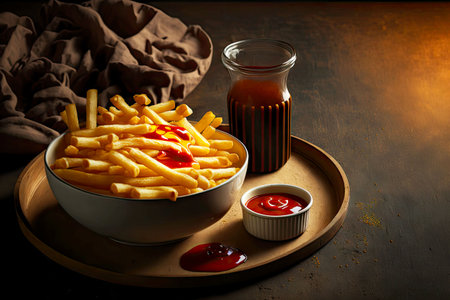 slide of fried golden french fries on table with small bowl of ketchup