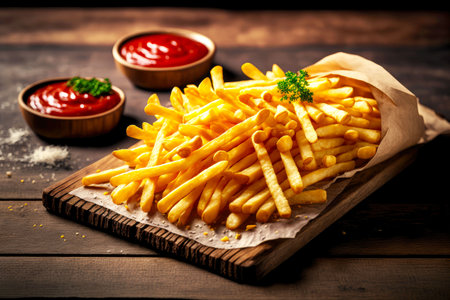 large mouth-watering bunch of snack french fries on wooden table