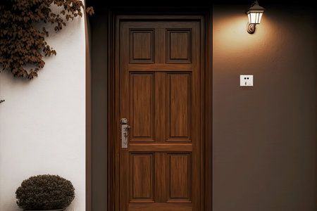 brown wooden front door of house on smooth light gray wall