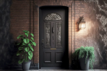dark metal front door of house on light brick wallの写真素材