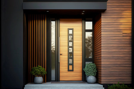 modern entrance door of house with wooden elements and black trimの写真素材