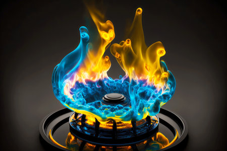 burner with blue yellow flame on gas kitchen stove for cookingの写真素材