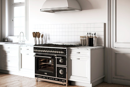 freestanding gas kitchen stove in kitchen with furnitureの写真素材