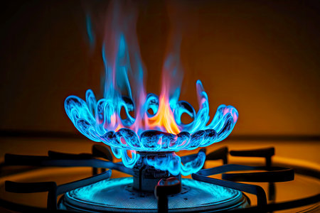 burning blue flame burner on gas kitchen stove for cookingの写真素材