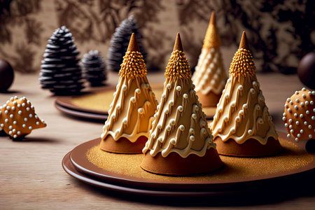 sweet christmas dessert in form of gingerbread cookies in form of christmas treesの写真素材