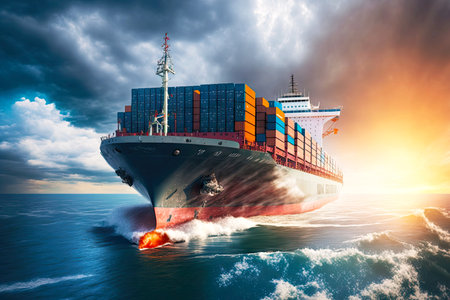 cargo ship with containers delivers cargo to seaport, global business logisticsの写真素材