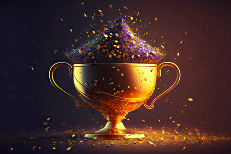 sports prize for winning golden cup filled with confettiの写真素材