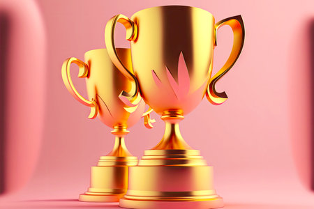 trophies for winner matte golden cup on pink background
