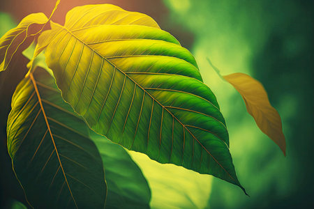 large leaves of forest tree in form of green leaf blurred backgroundの写真素材