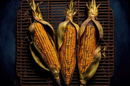 aetizing golden heads of grilled corn on metal grate