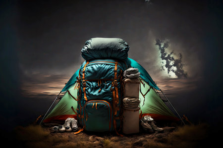 tent with belongings and hiking travel backpack stands against background of dark night skyの写真素材