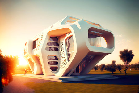 white futuristic hi-tech style house exterior in sun