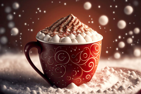 snow patterns hot chocolate red cup cocoa drink with blurry backgroundの写真素材