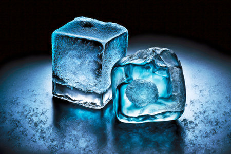 frozen large and small ice cubes on dark blue background
