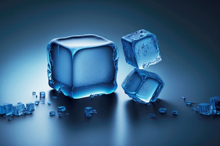 frozen large and small ice cubes on dark blue background