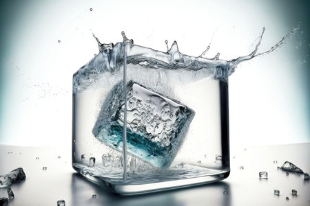 small transparent ice cubes fall and crash against large cubeの写真素材