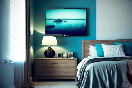 flat screen tv on wall and bedside table next to room with home interior blueの写真素材