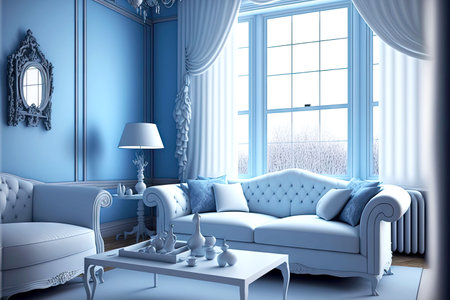 delicate light living room design with home interior blue
