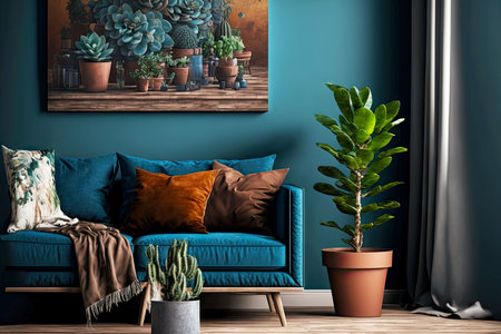 home interior blue with brown sofa and plants in pot on floorの写真素材