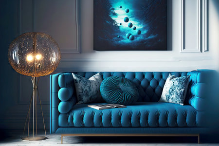 comfortable sofa with cushions in modern home interior blueの写真素材